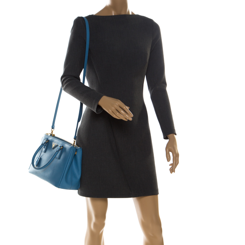 

Prada Blue Saffiano Leather Small Double Zip Tote