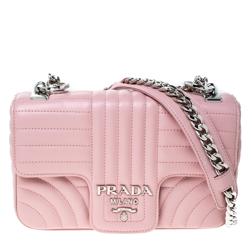 Pre Owned Prada Pink Diagramme Leather Small Flap Crossbody Bag