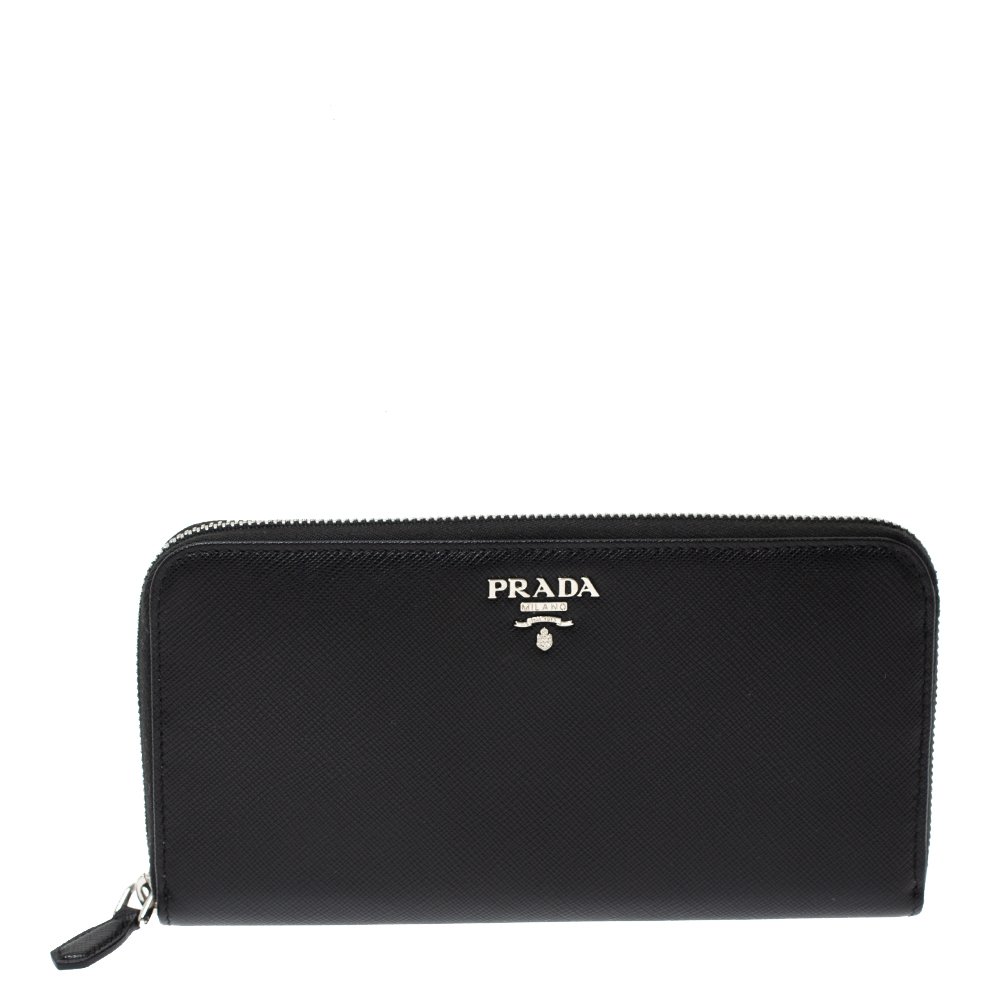 Pre Owned Prada Black Saffiano Leather Zip Around Wallet
