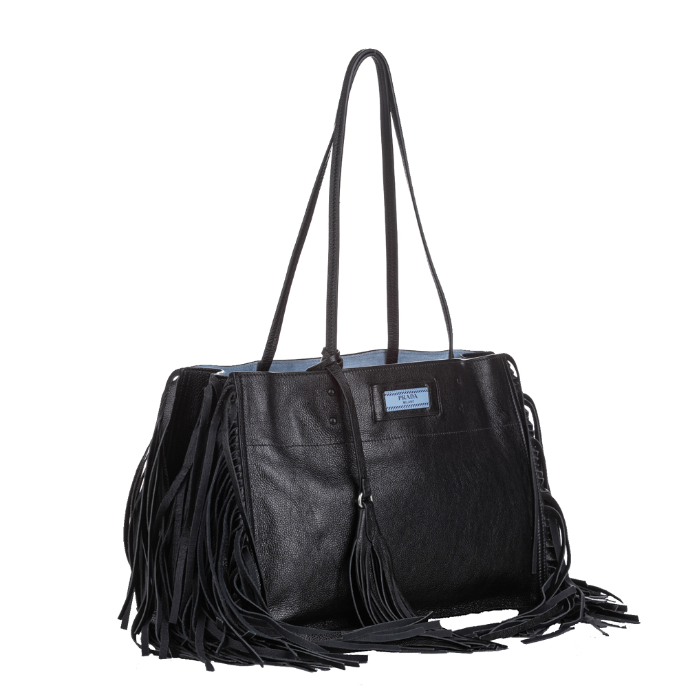 

Prada Black Leather Etiquette Fringe Tote Bag
