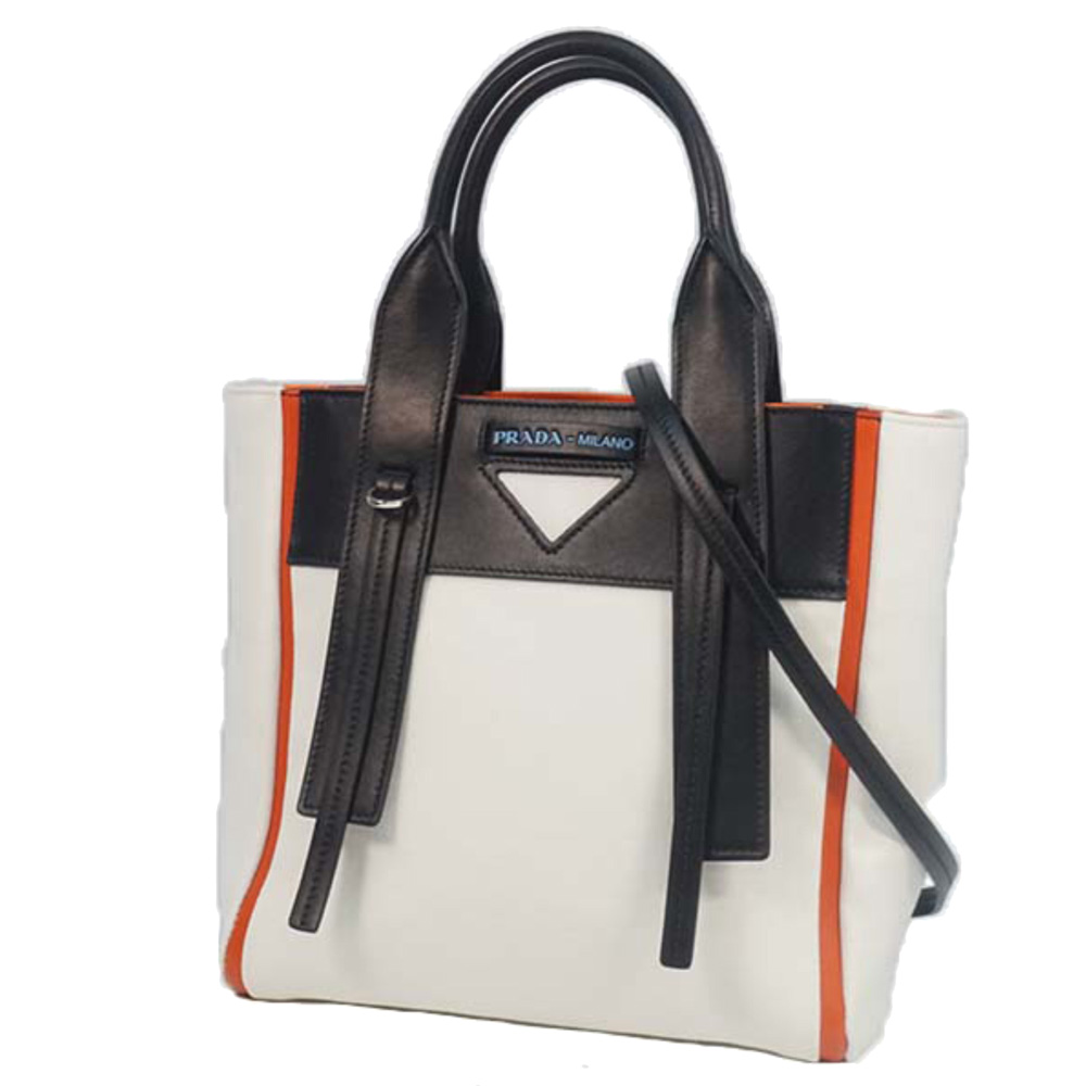 

Prada White/Black Leather Small Ouverture Canvas Tote Bag