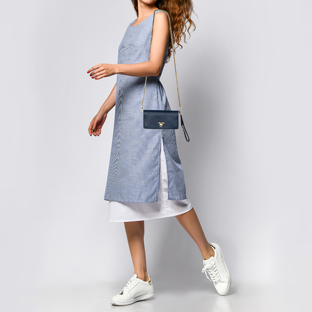 

Prada Blue Saffiano Lux Leather Wallet on Chain