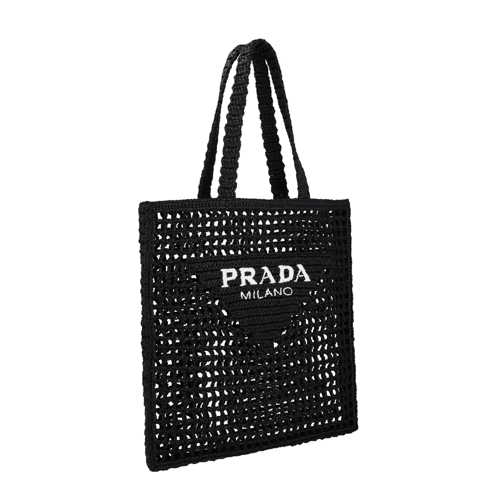 

Prada Black Raffia Logo Embroidery Tote Bag