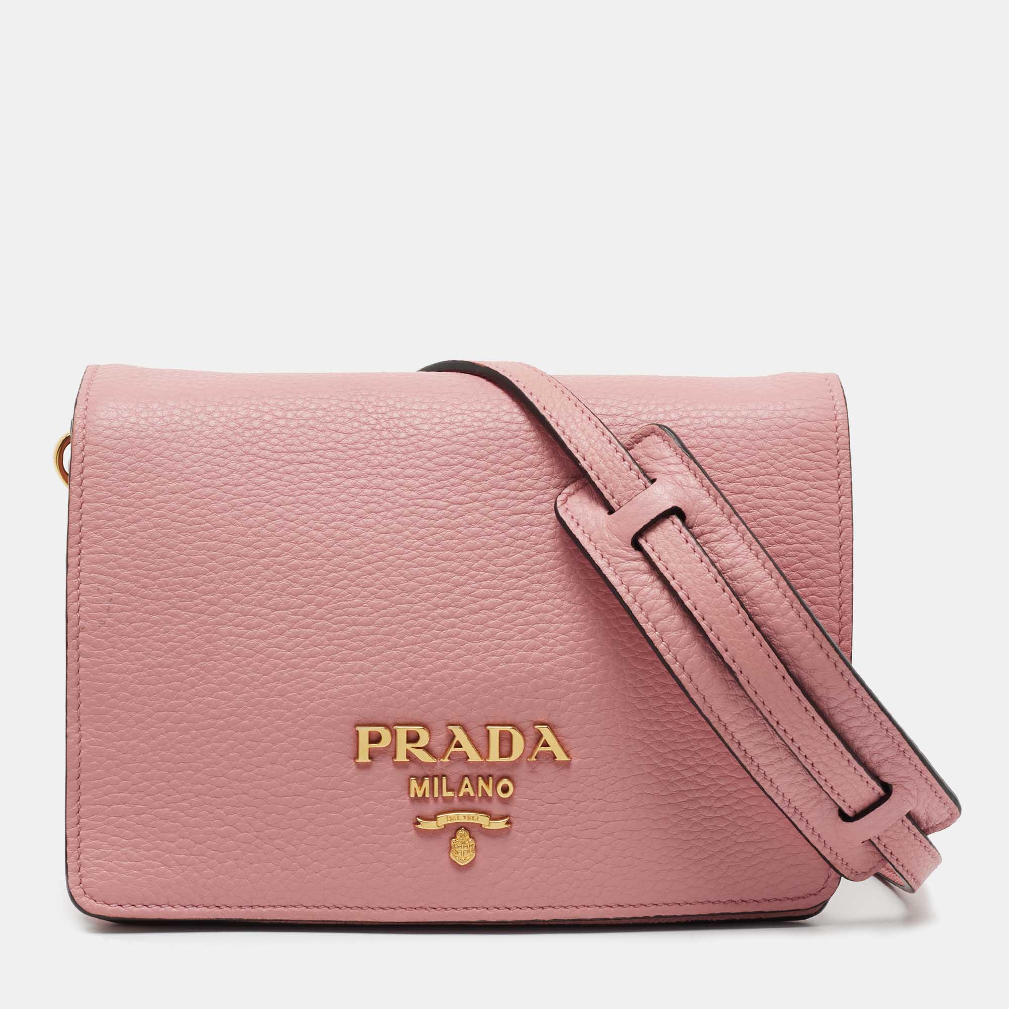 Pre Owned Prada Pink Vitello Daino Leather Flap Crossbody Bag