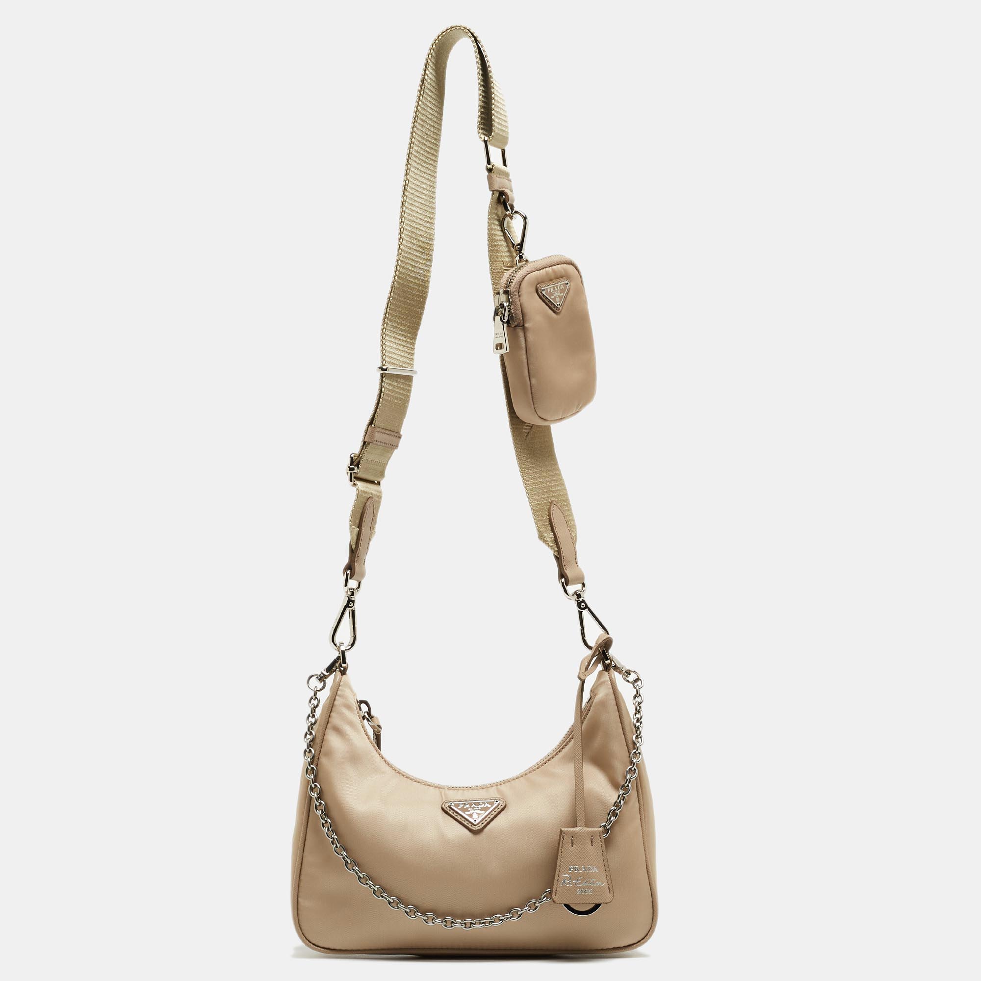Pre Owned Prada Beige Nylon and Leather Re-Edition 2005 Baguette Bag