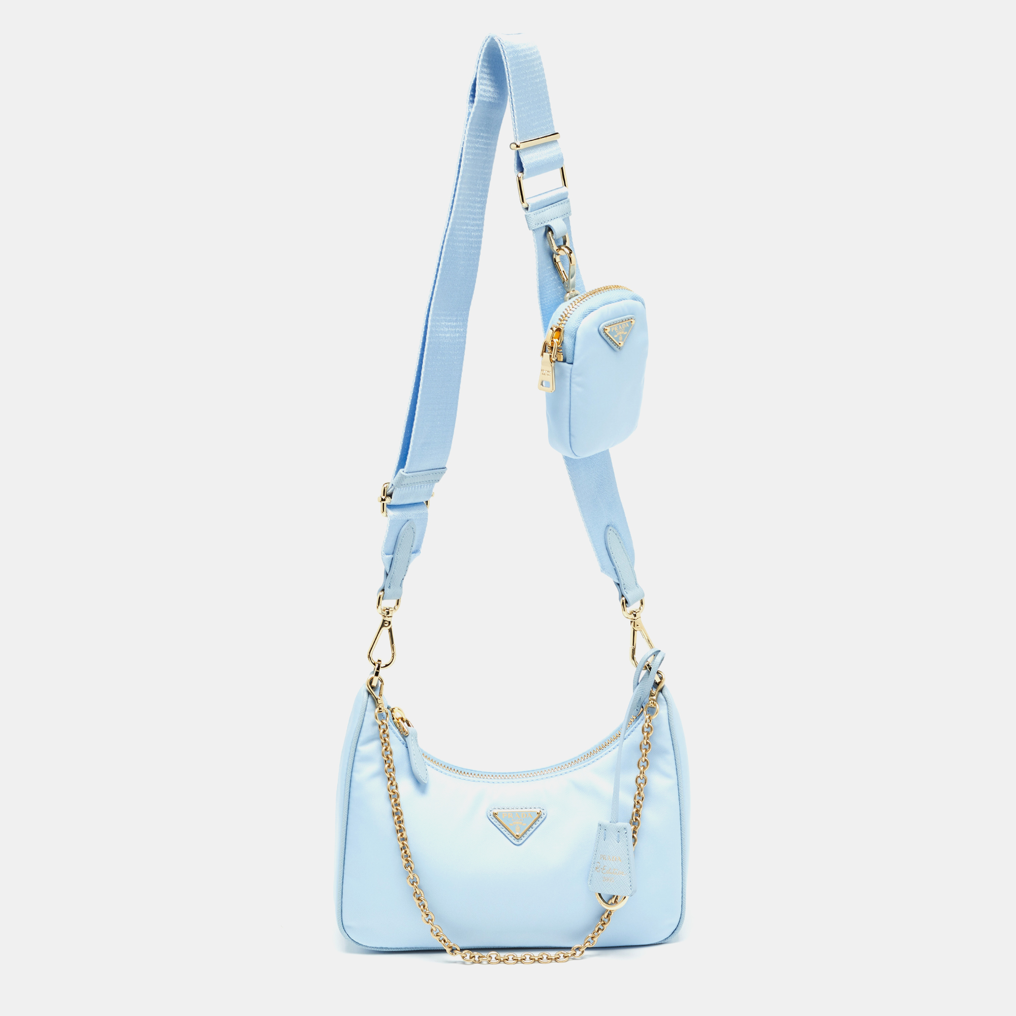 Pre-owned Prada Light Blue Nylon And Leather Re-edition 2005 Baguette Bag