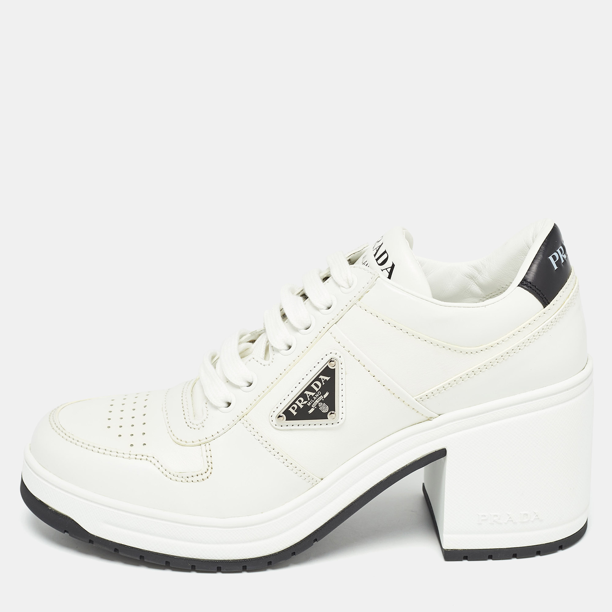 Pre-owned Prada White/black Leather Block Heel Sneaker Pumps Size 40