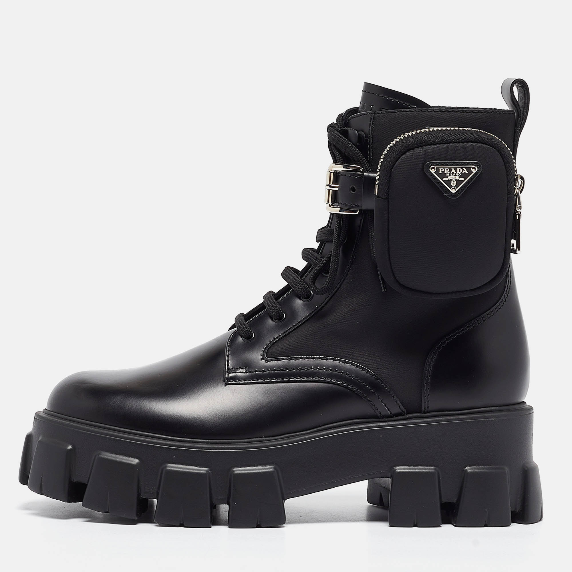 

Prada Black Leather Monolith Platform Ankle Boots Size