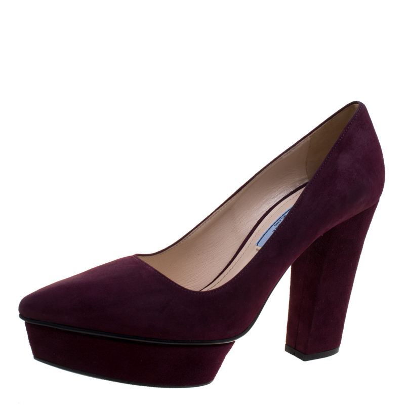 Pre Owned Prada Bordeaux Suede Platform Block Heel Pumps Size 37.5
