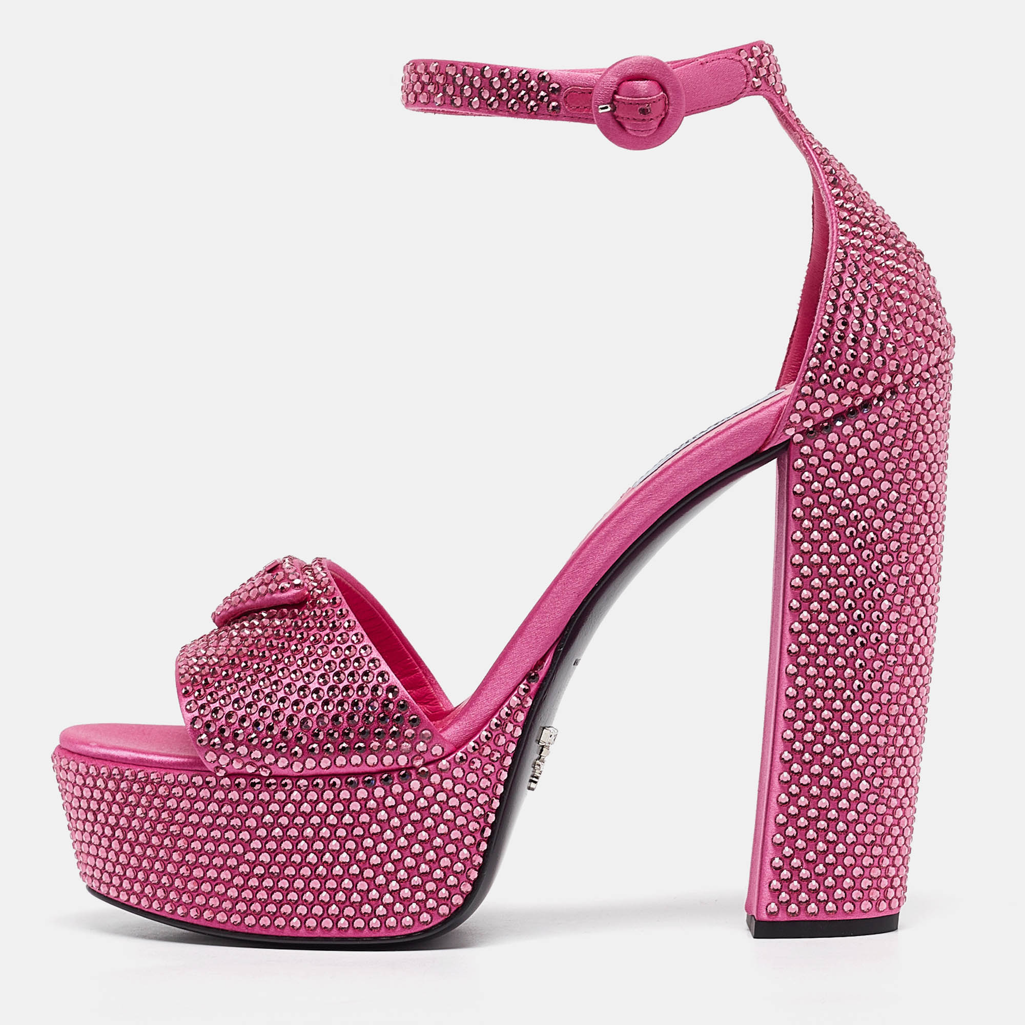 

Prada Pink Satin Crystal Embellished Platform Ankle Strap Sandals Size