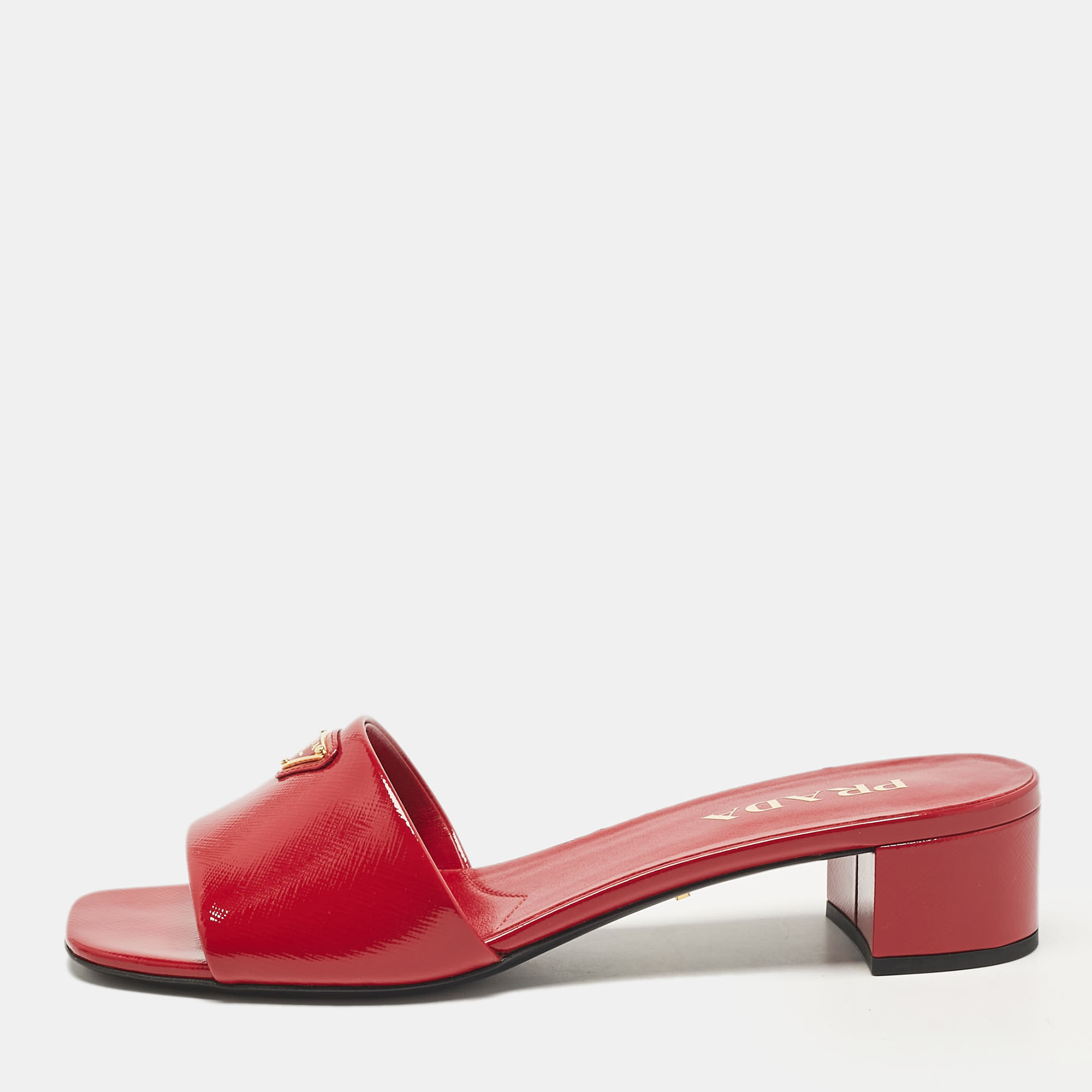 Pre-owned Prada Red Saffiano Patent Leather Block Heel Slide Sandals Size 39