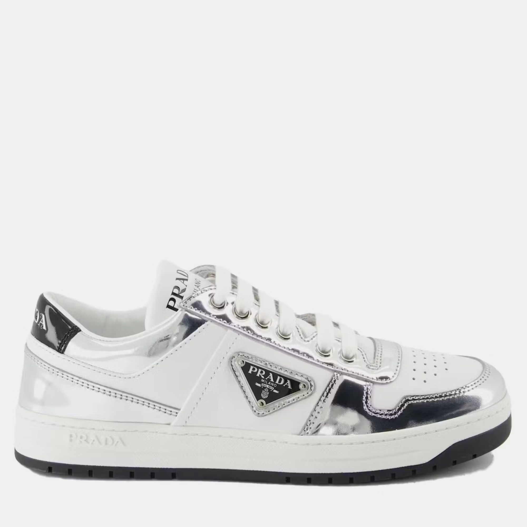 

Prada White Metallic Silver Downtown Low Top Sneaker EU