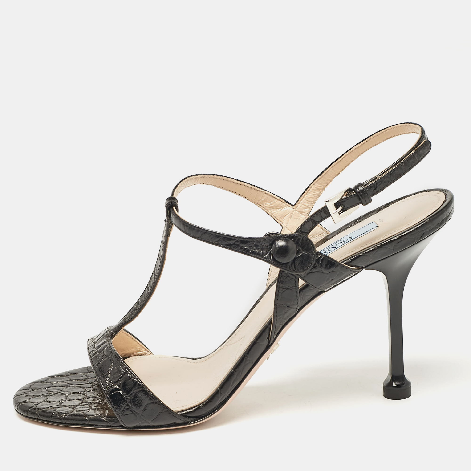 

Prada Black Croc Embossed Leather Ankle Strap Sandals Size