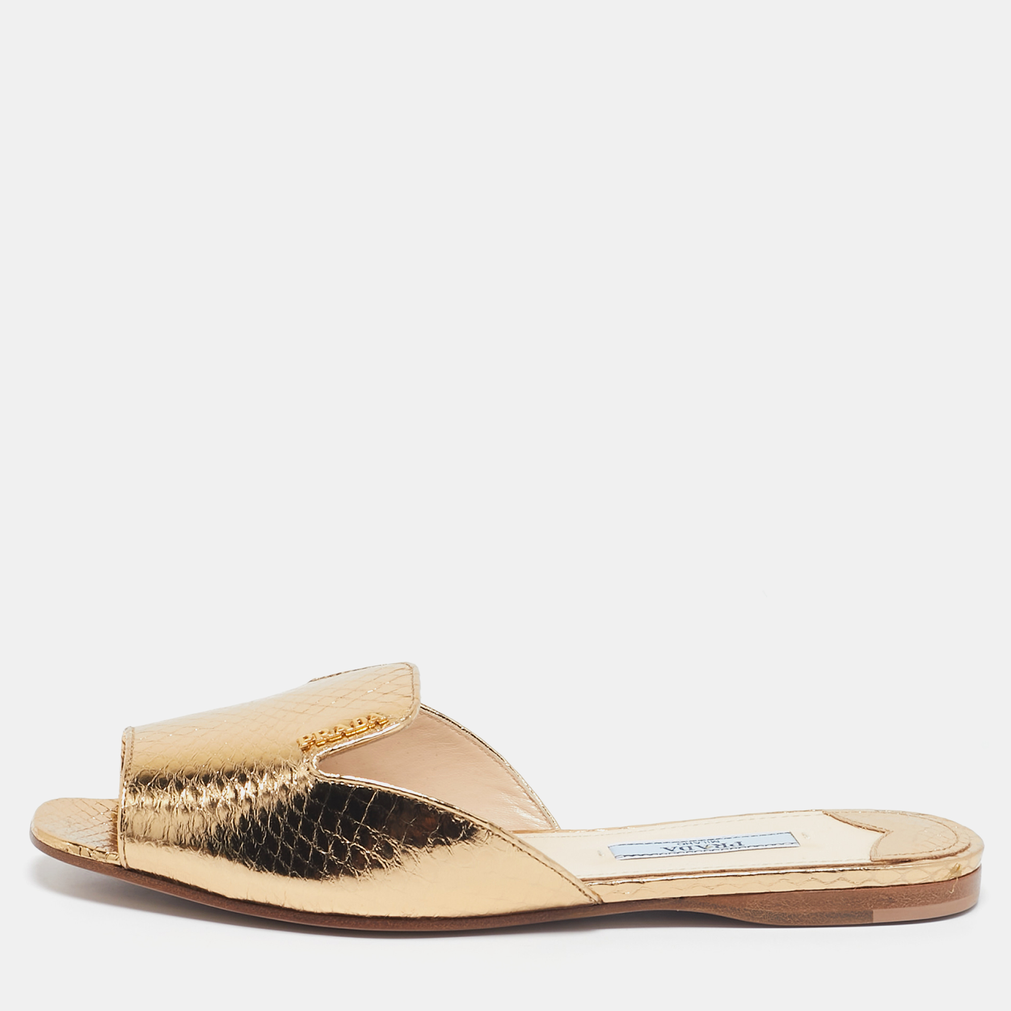 

Prada Gold Embossed Python Flat Slides Size