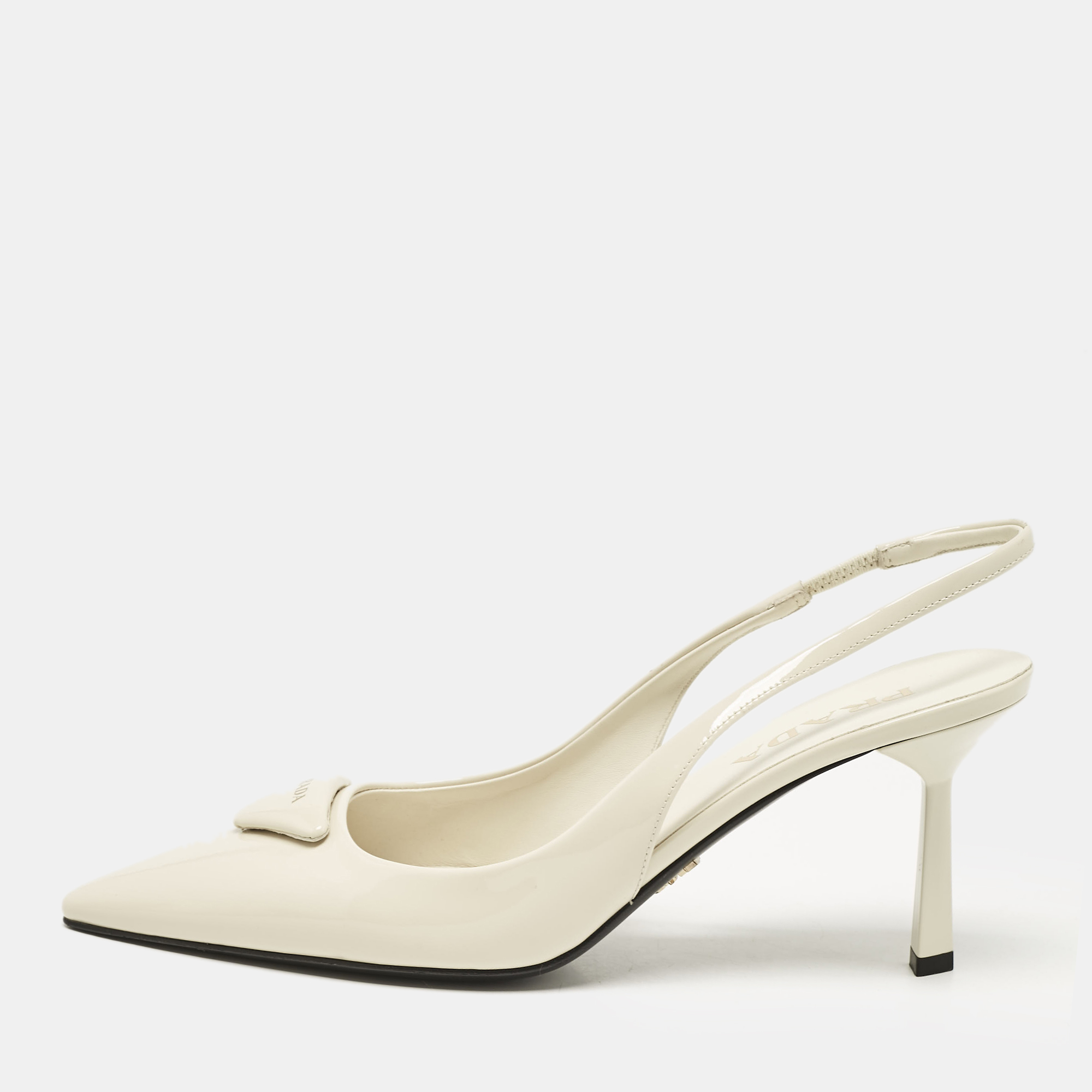 

Prada White Patent Leather Logo Pointed Toe Slingback Pumps Size