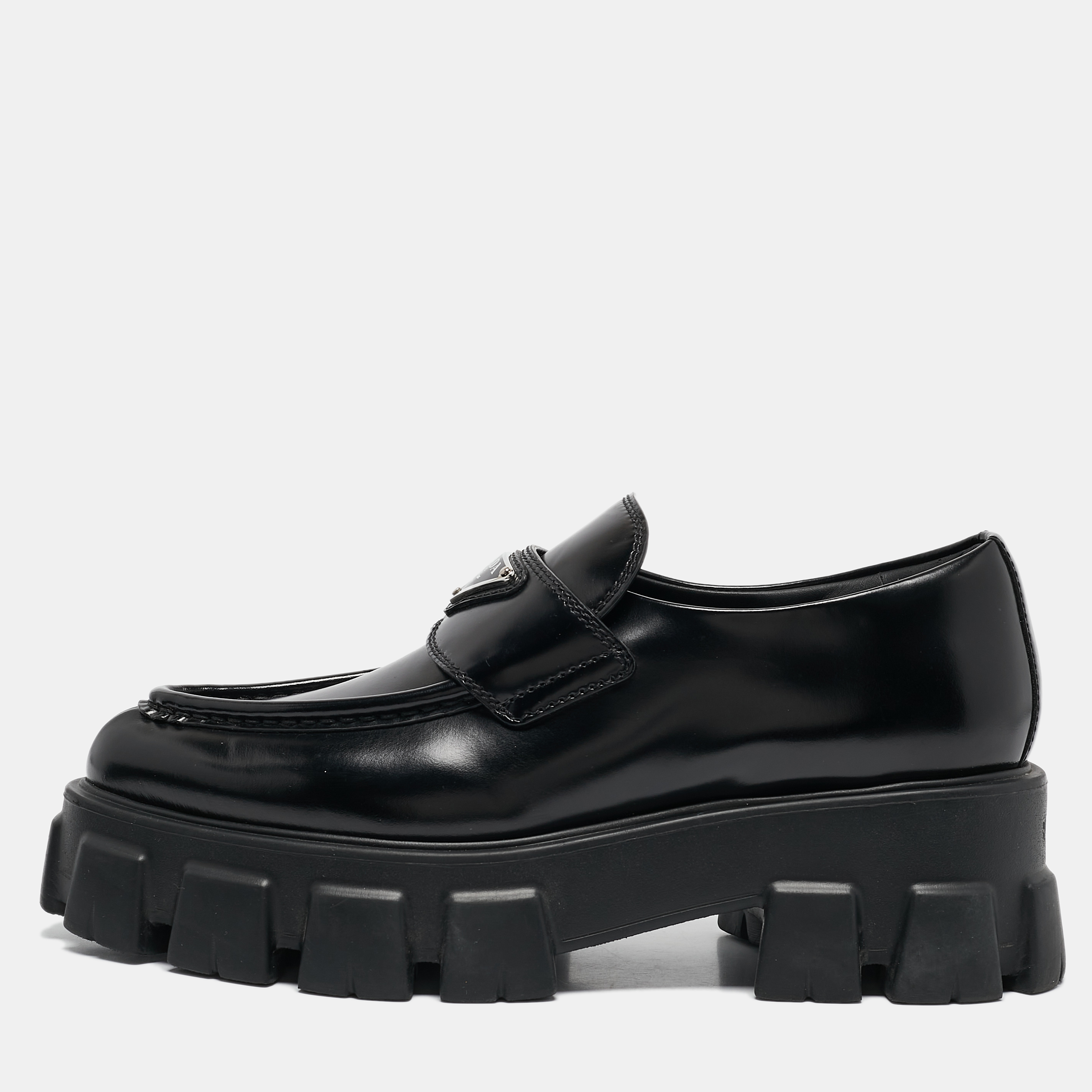 

Prada Black Brushed Leather Monolith Platform Loafers Size