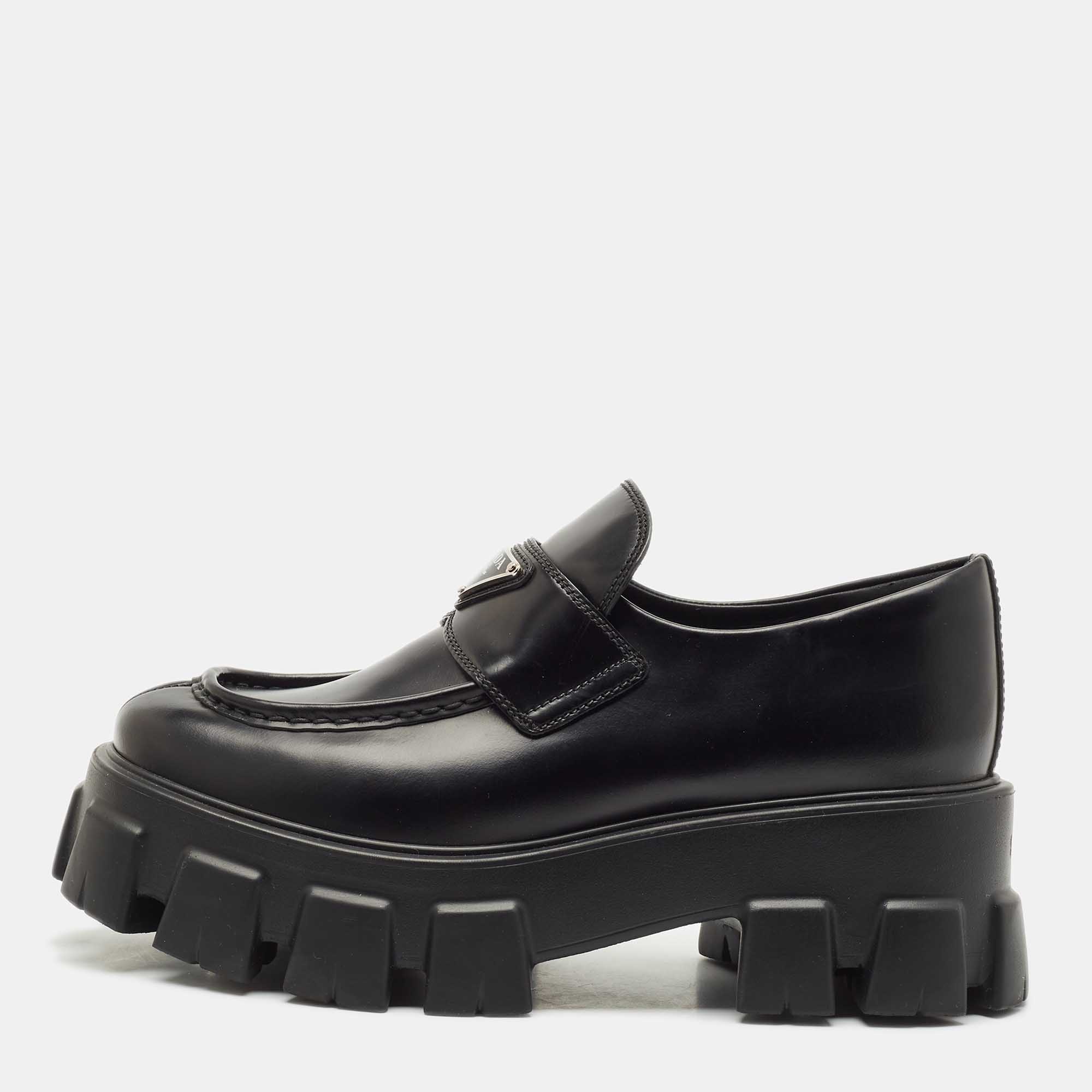 

Prada Black Leather Triangle Logo Monolith Loafers Size