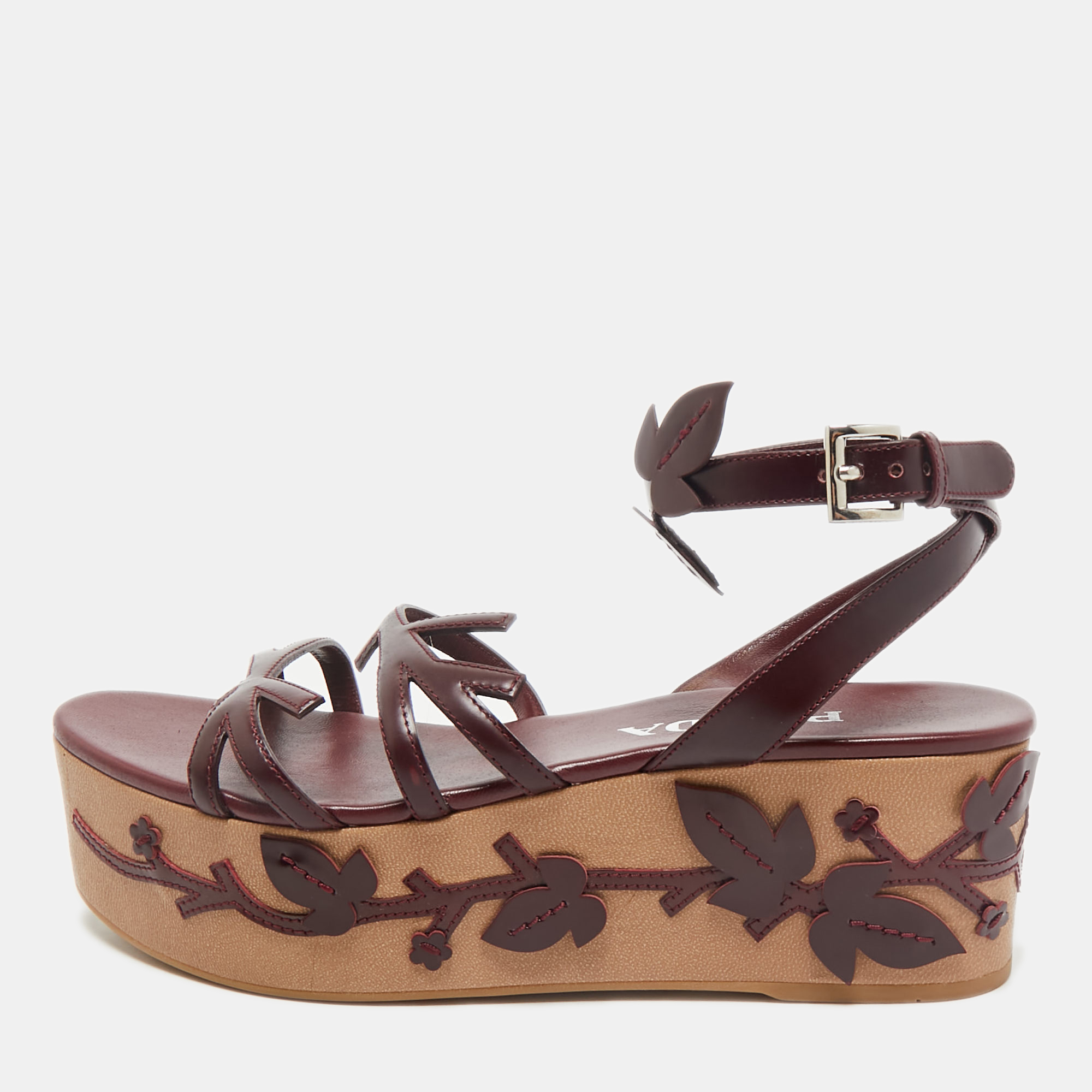 

Prada Burgundy Leather Wedge Ankle Strap Sandals Size