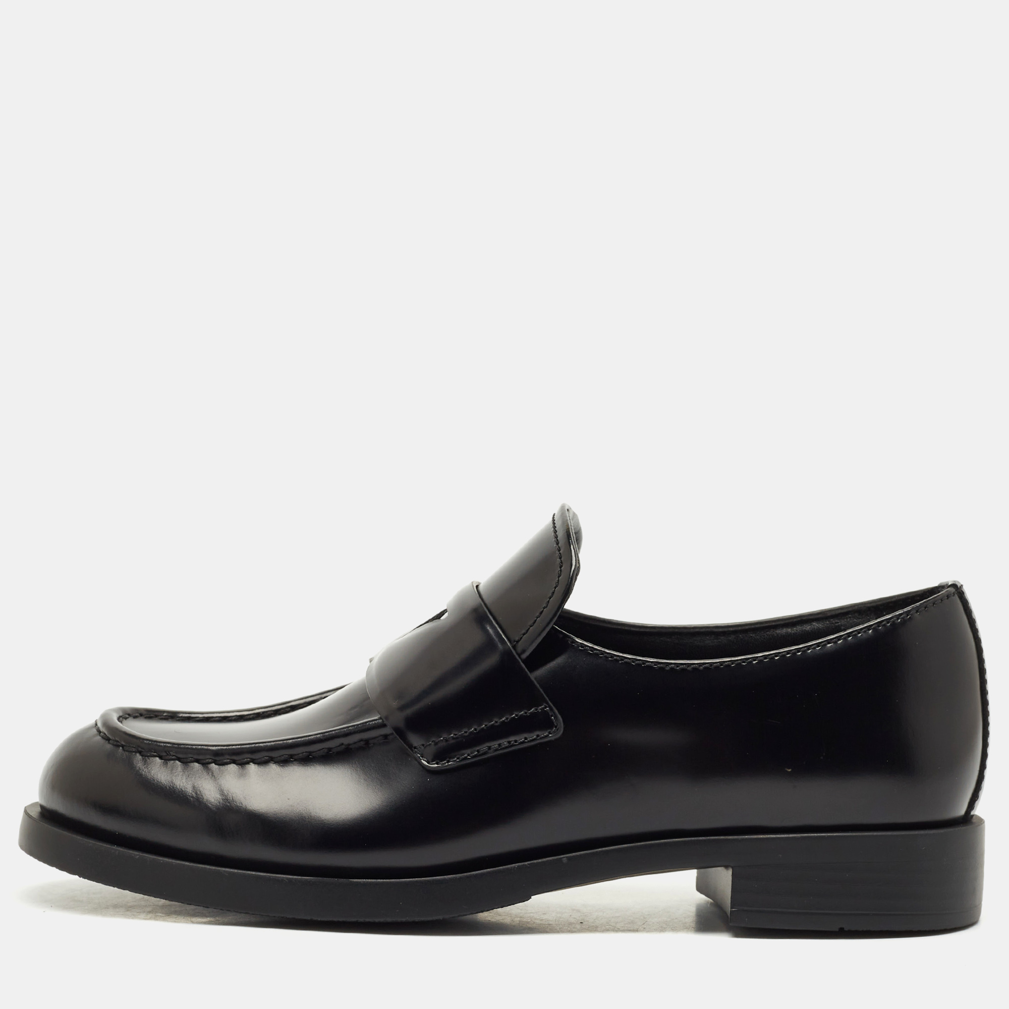 Pre-owned Prada Black Brushed Leather Slip On Loafers Size 37