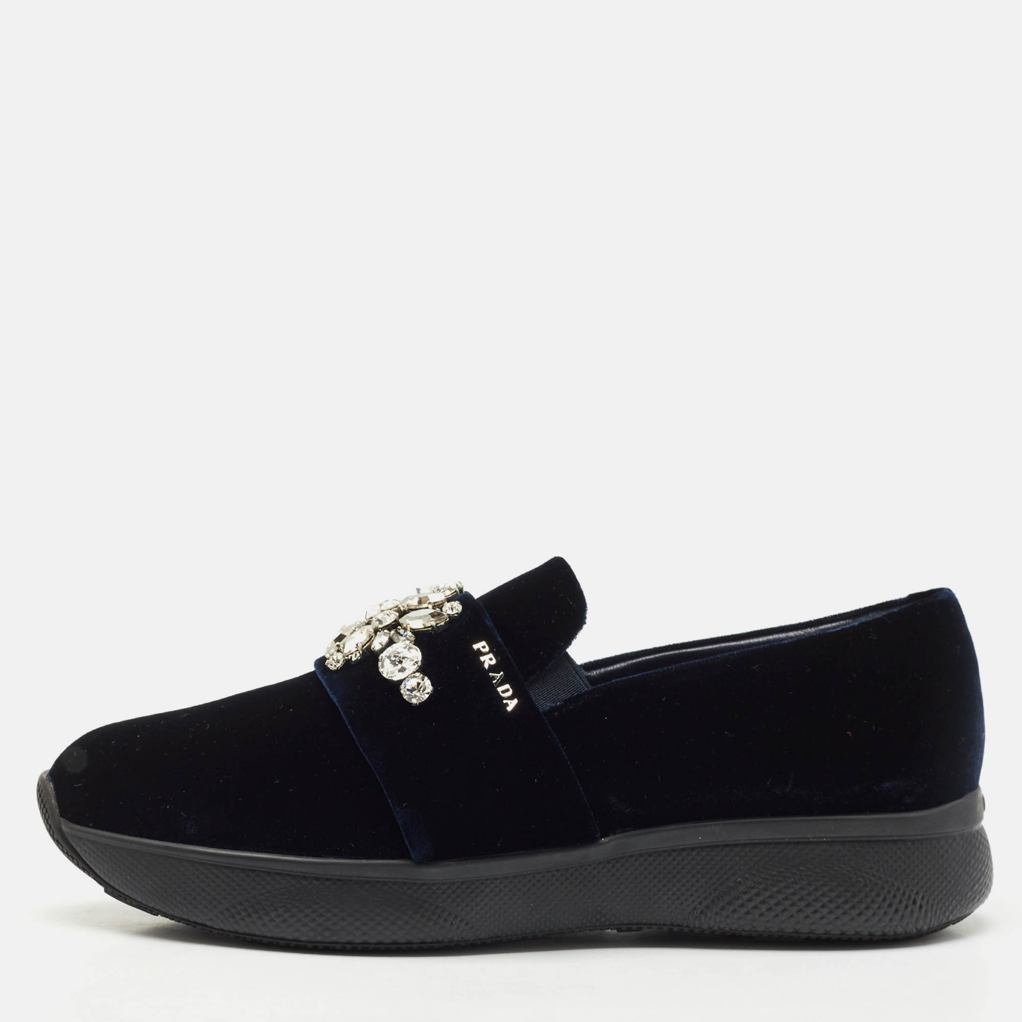

Prada Navy Blue Velvet Crystal Embellished Slip On Sneakers Size