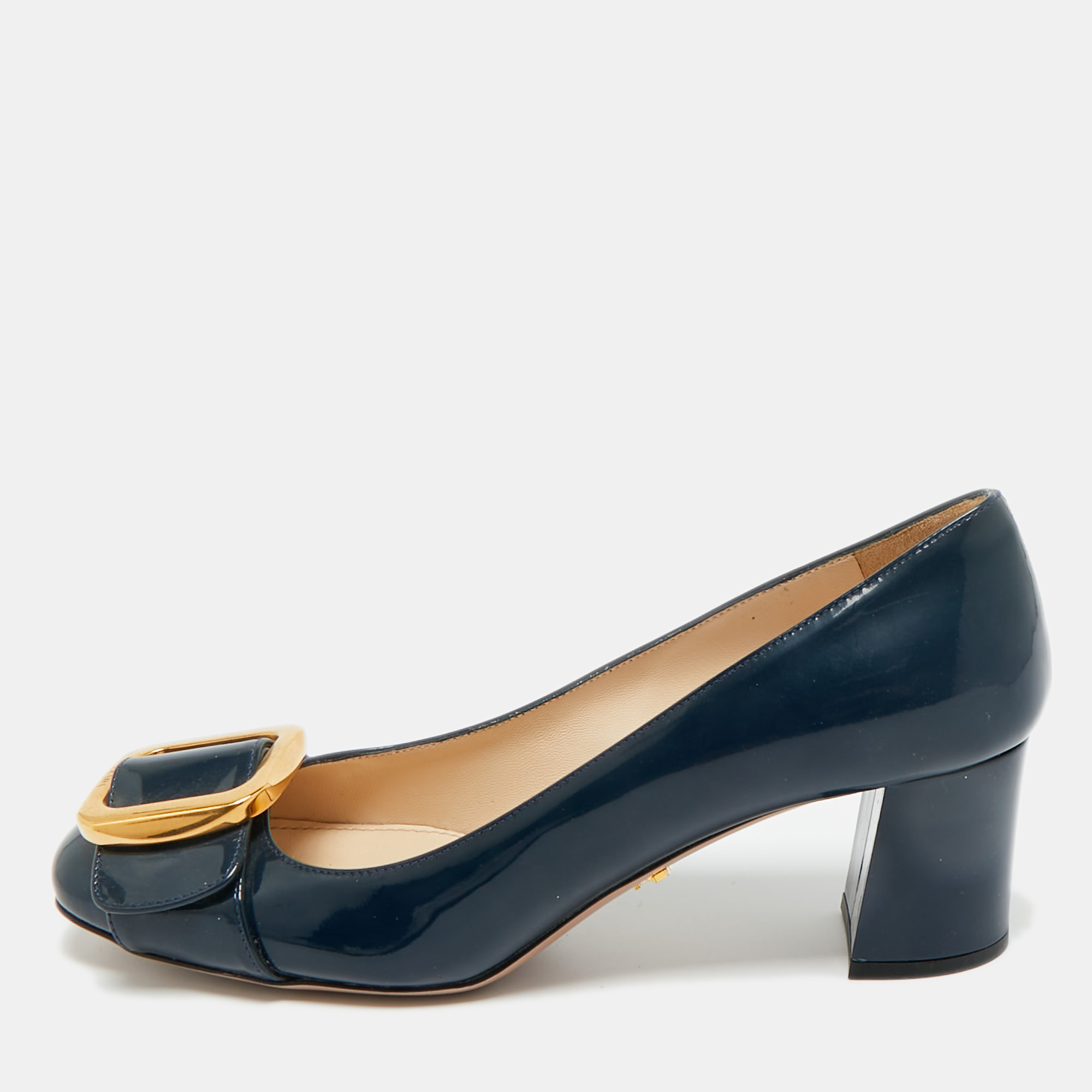 Pre-owned Prada Navy Blue Patent Leather Buckle Block Heel Pumps Size 36.5