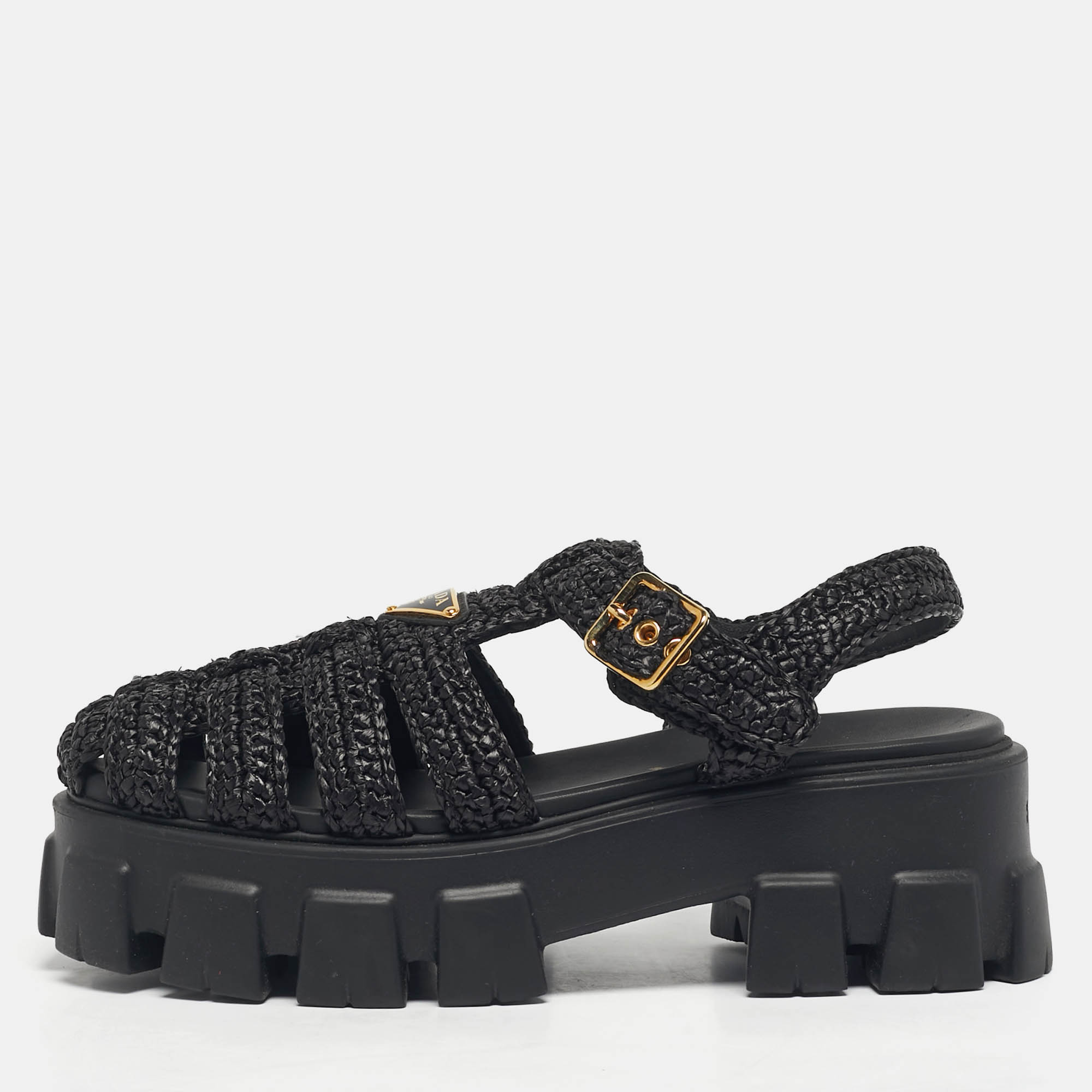 

Prada Black Woven Straw Monolith Ankle Strap Sandals Size