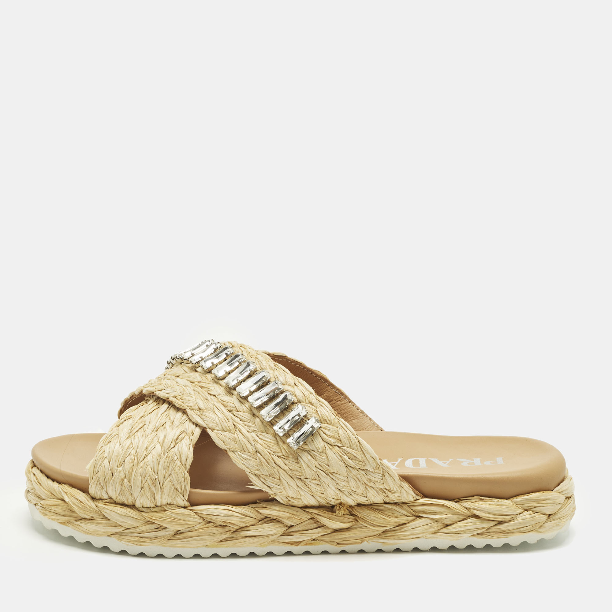 Pre-owned Prada Size 36 Beige Raffia Crisscross Crystal Embellished Flat Slides In Sand