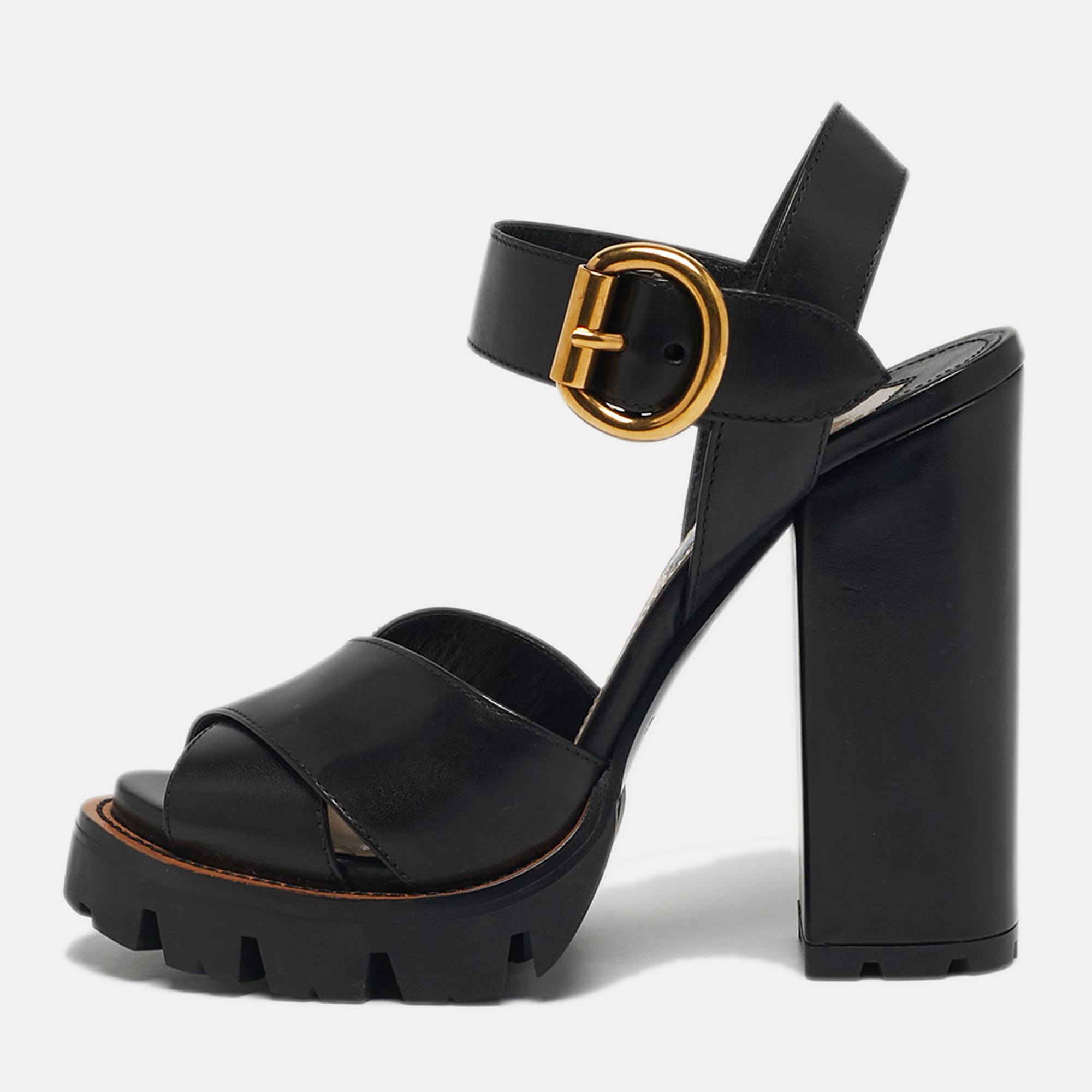 Pre-owned Prada Size 38.5 Black Leather Ankle Strap Block Heel Sandals