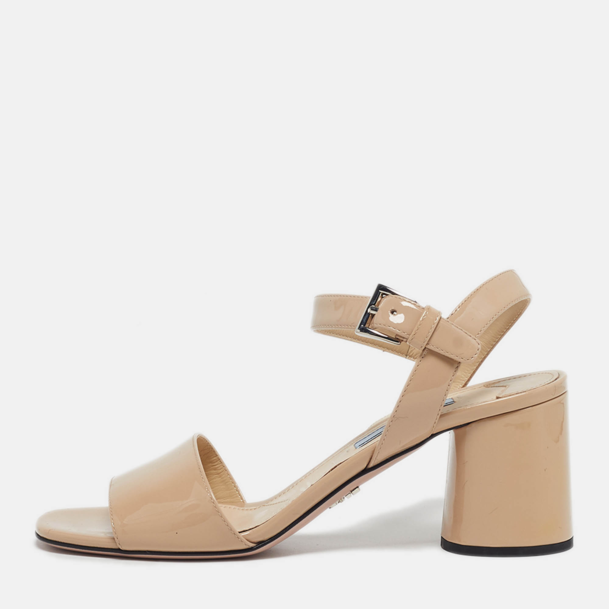 Prada Size 36 Beige Patent Leather Block Heel Ankle Strap Sandals