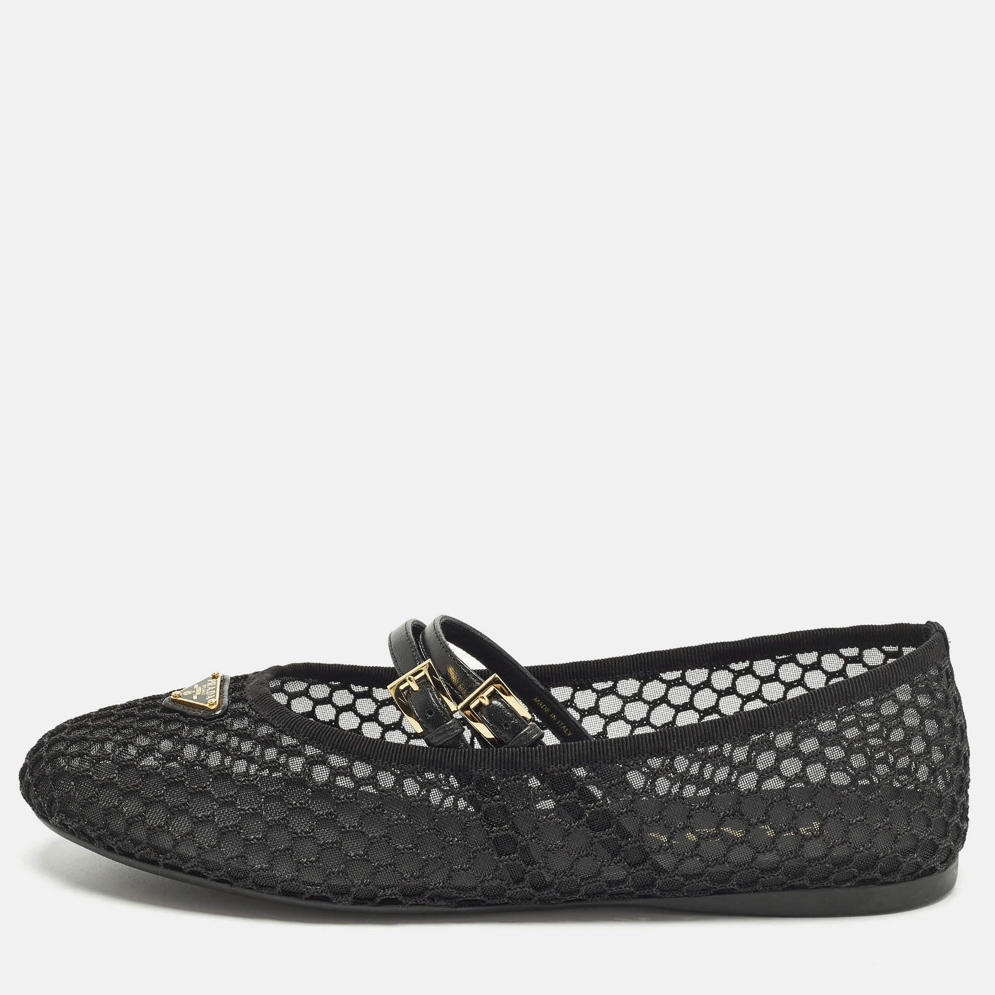 

Prada Mary Jane Size  Black Leather and Mesh Logo Ballet Flats