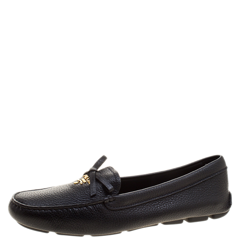 Pre Owned Prada Black Leather Bow Loafers Size 38.5