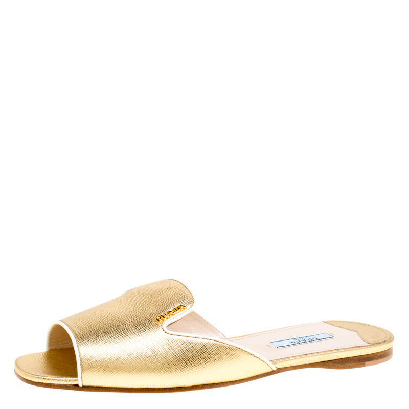 Pre Owned Prada Metallic Gold Saffiano Leather Flat Slides Size 39