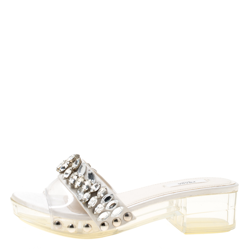 

Prada Grey Satin And PVC Crystal Embellished Platform Slides Size