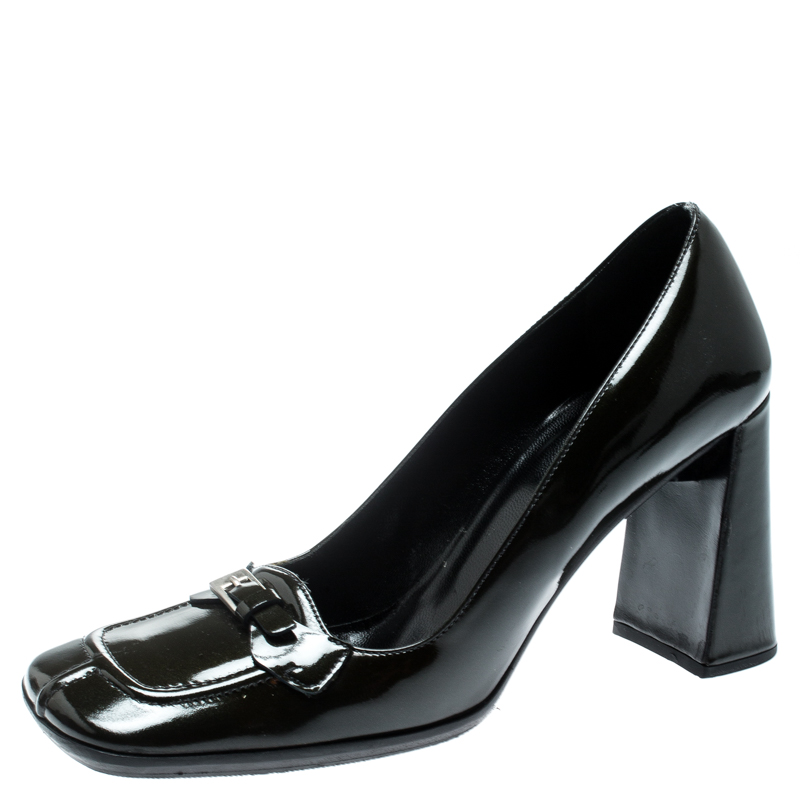 Pre Owned Prada Dark Green Patent Leather Buckle Detail Block Heel Pumps Size 36.5