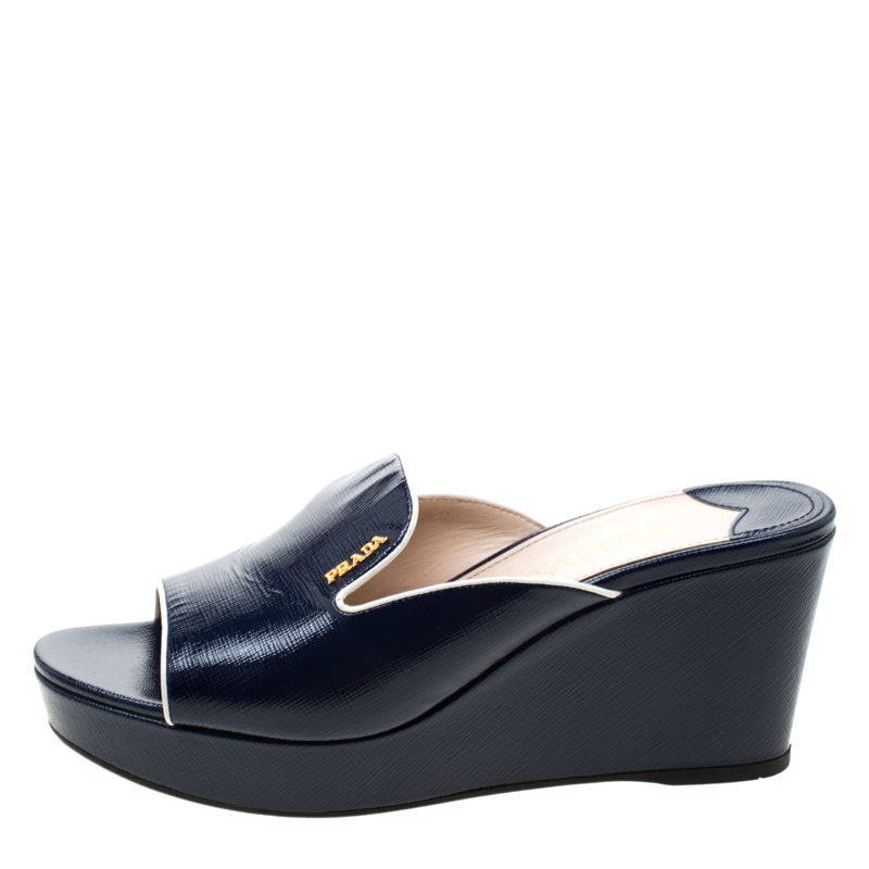 

Prada Navy Blue Saffiano Patent Leather Wedge Slide Sandal Size