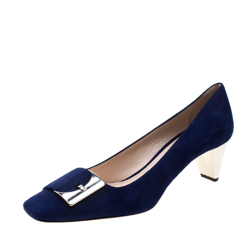 Pre Owned Prada Navy Blue Suede Buckle Detail Square Toe Pumps Size 38.5
