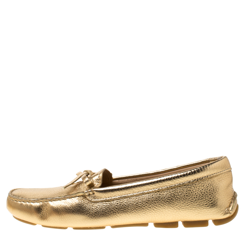 

Prada Metallic Gold Leather Bow Detail Loafers Size