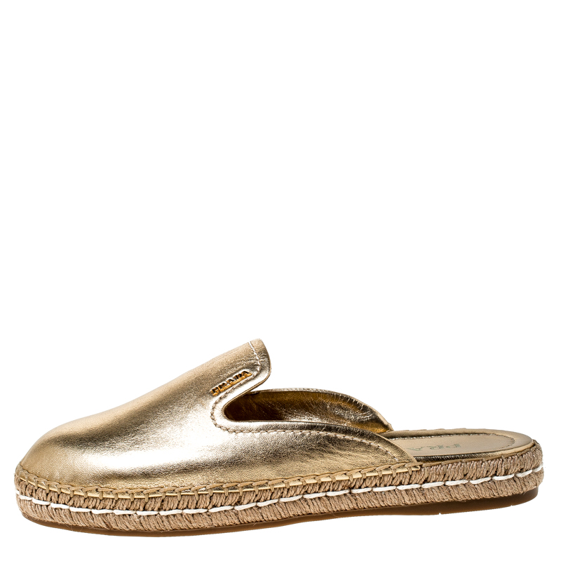 

Prada Metallic Gold Leather Espadrille Mules Size