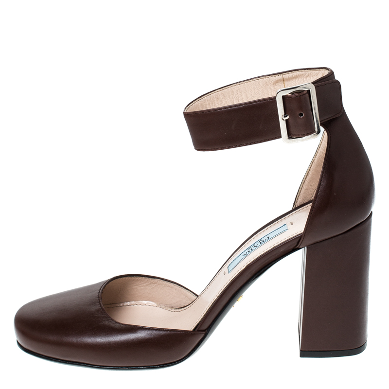 

Prada Brown Leather Block Heel Ankle Strap Sandals Size