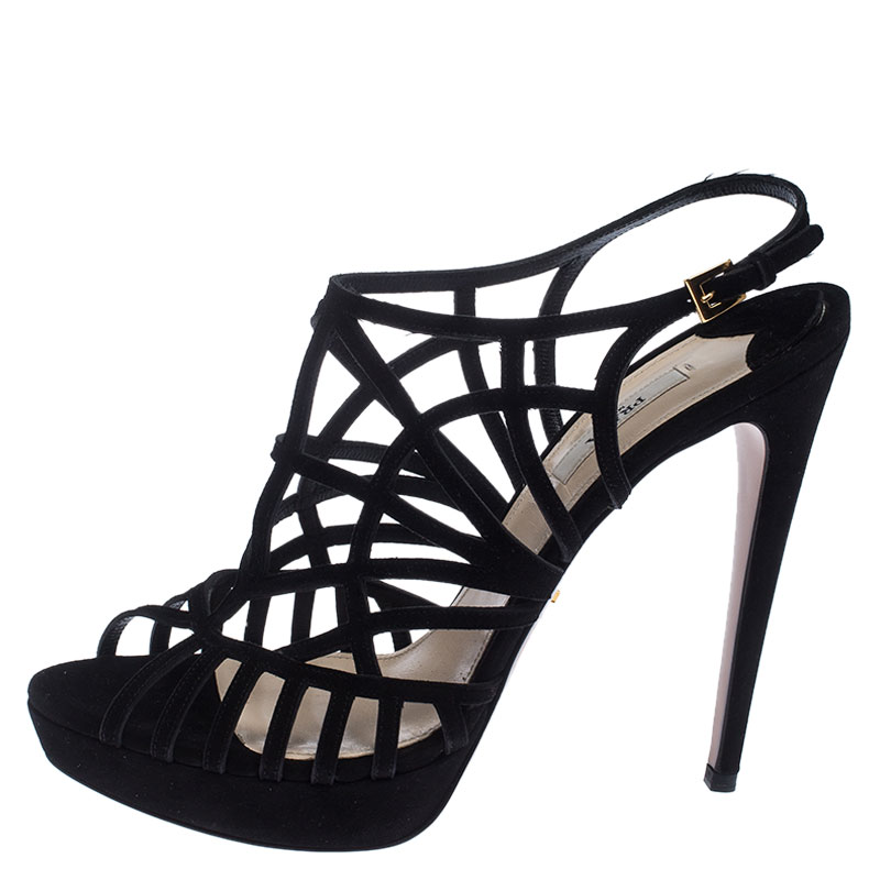 

Prada Black Suede Caged Ankle Strap Sandals Size