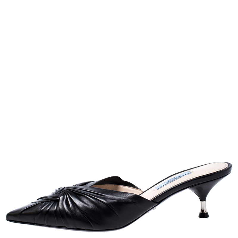 

Prada Black Leather Kitten Heel Twist Mule Sandals