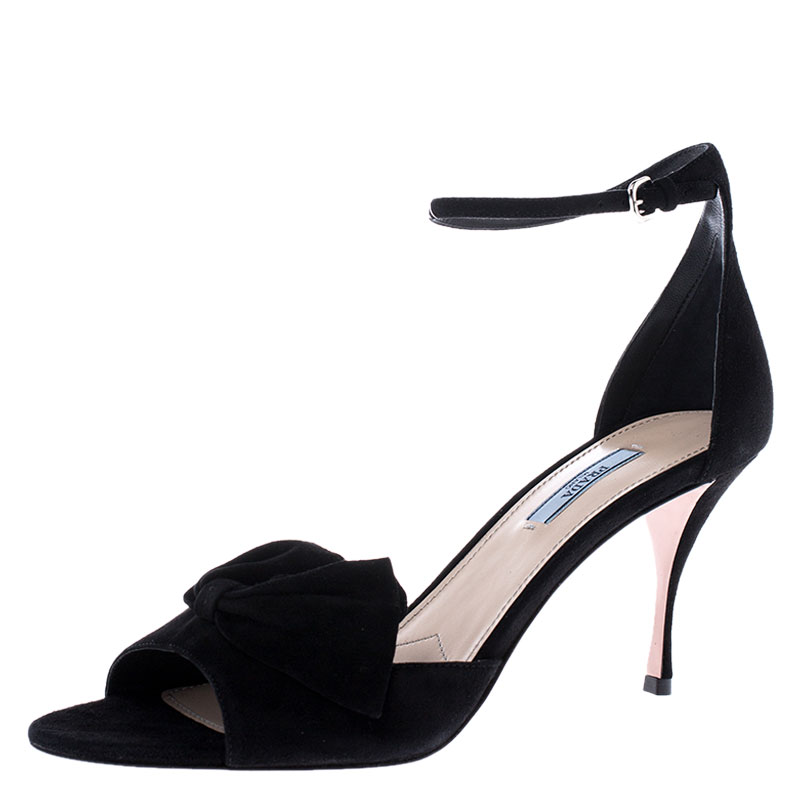 Prada Black Suede Bow Open Toe Ankle Strap Sandals Size 41