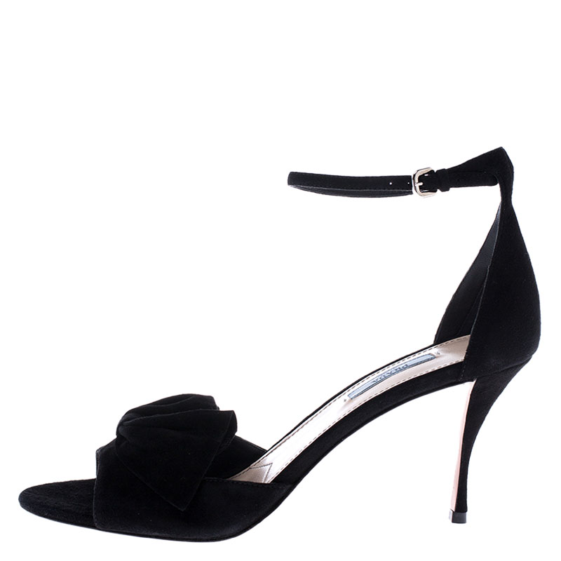 

Prada Black Suede Bow Open Toe Ankle Strap Sandals Size