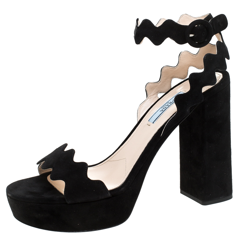 Pre Owned Prada Black Suede Leather Ankle Strap Sandals Size 39.5