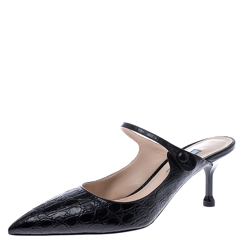 Prada Black Croc Embossed Leather Pointed Toe Mules Size 39