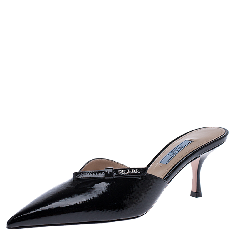 Prada Black Patent Leather Pointed Toe Slip On Mules Size 38