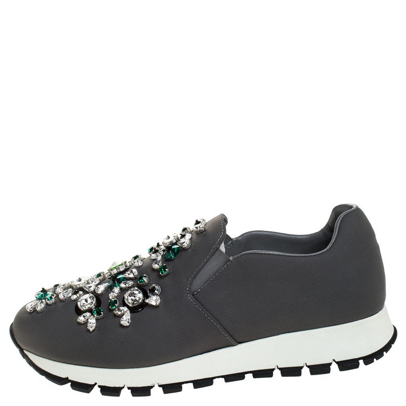 

Prada Grey Canvas Crystal Embellished Slip On Sneakers Size