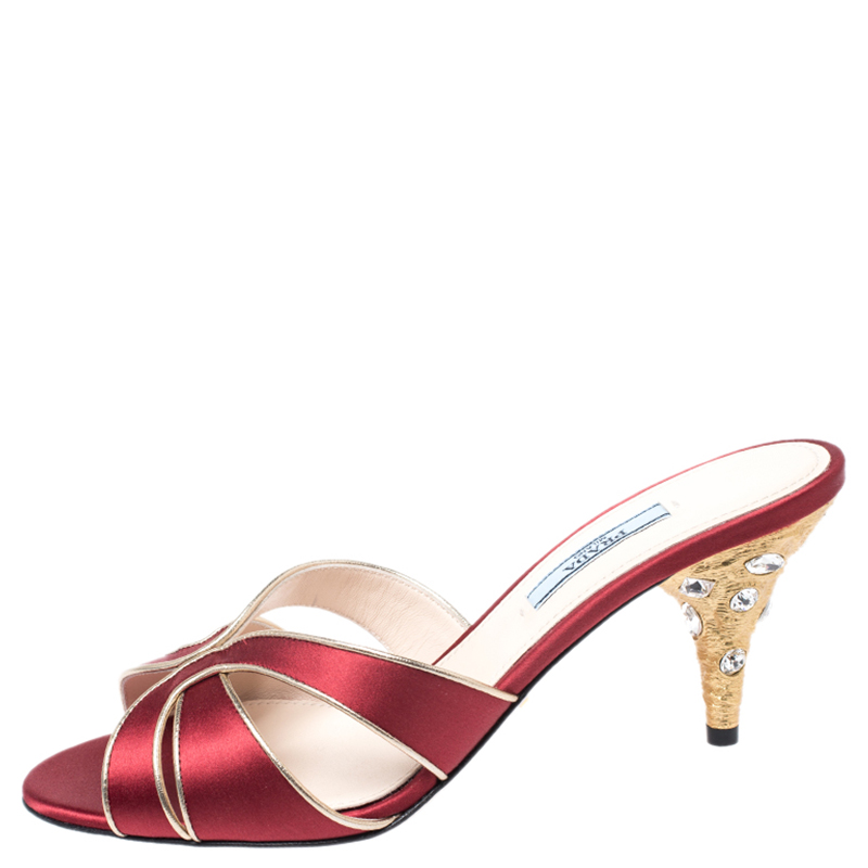 

Prada Metallic Red Satin And Gold Trim Slip On Open Toe Sandals Size