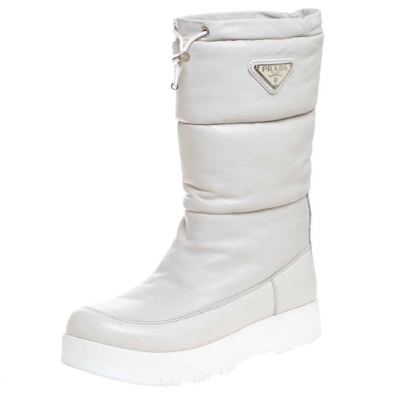 Pre-owned Prada Sport White Leather Platform Wedge Mid Calf Winter Boots Size 39