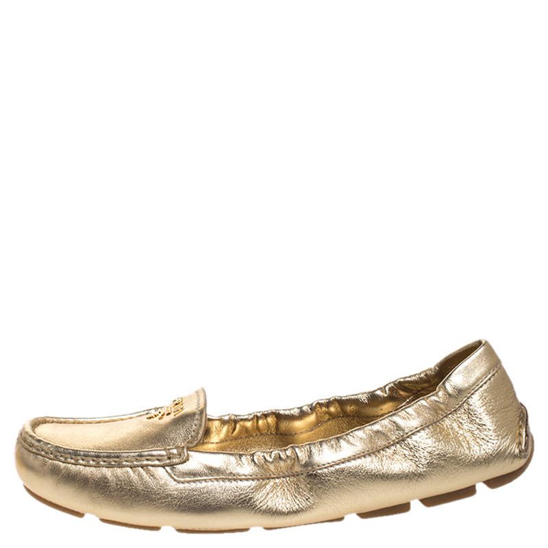 

Prada Gold Leather Scrunch Slip On Loafers Size